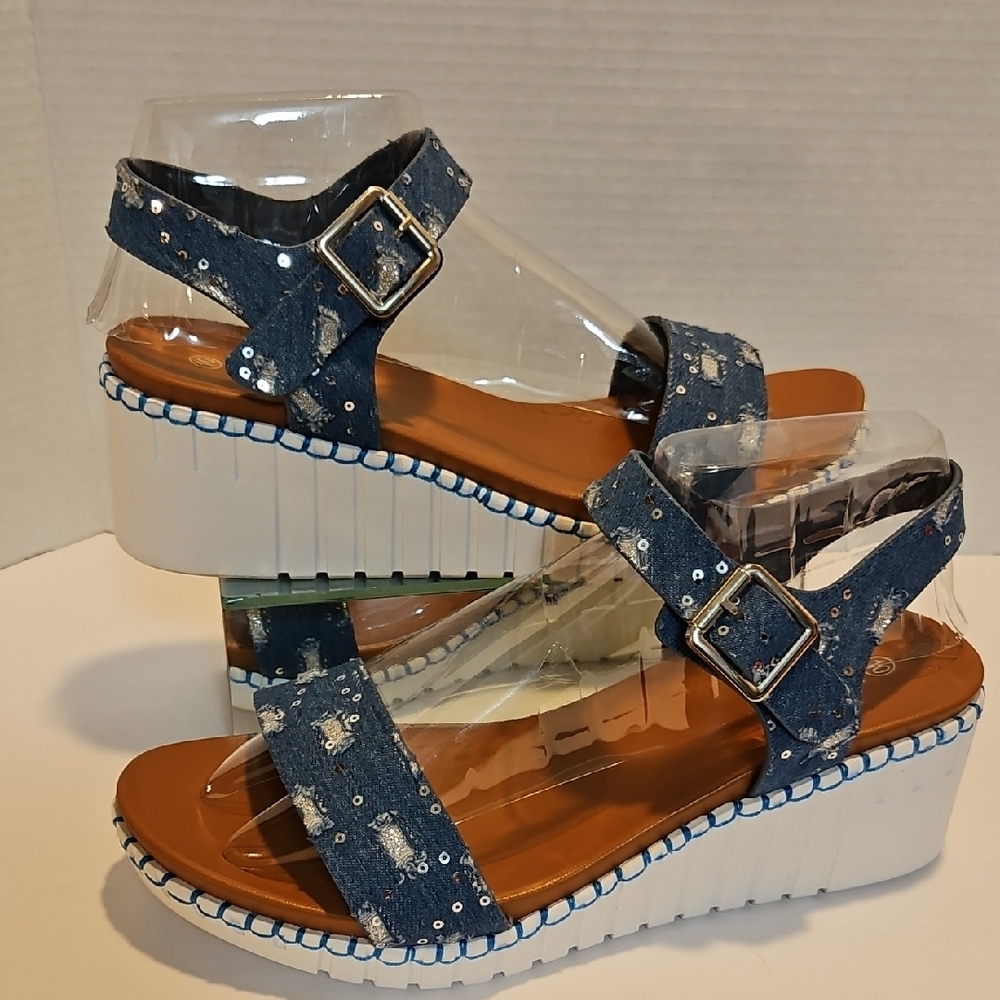 Blue and White Wedge Sandals with Silver Studs